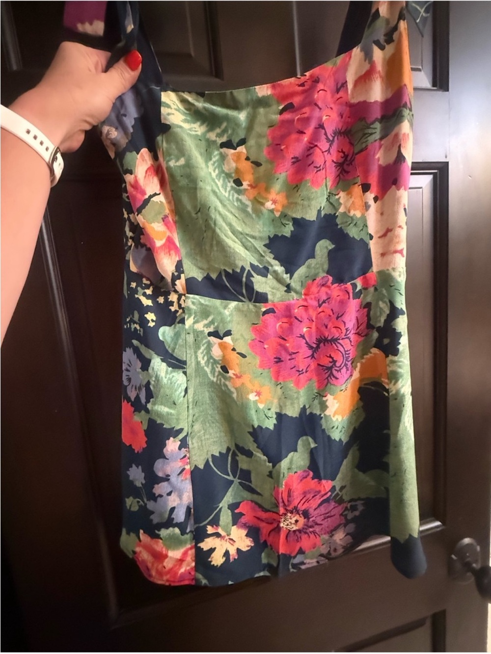 Sezane Navy Floral Mini Dress with Pink & Green Blooms